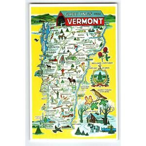 Greetings From Vermont Map Postcard Four Season State Postcard Chrome 1967